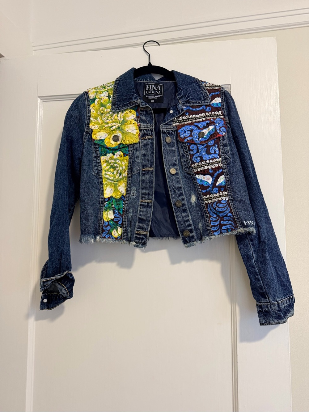 Blue Embellished Cropped Denim Jacket with Yellow Accents
